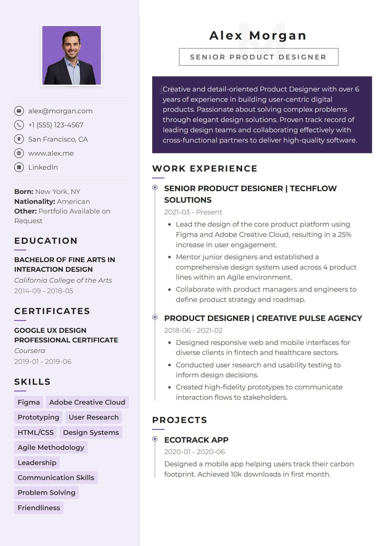 Focus resume template — creative and modern ATS-friendly CV layout for UI/UX Design & Graphic Arts, Marketing, Branding & PR, Content Creation & Media, Freelance Creatives