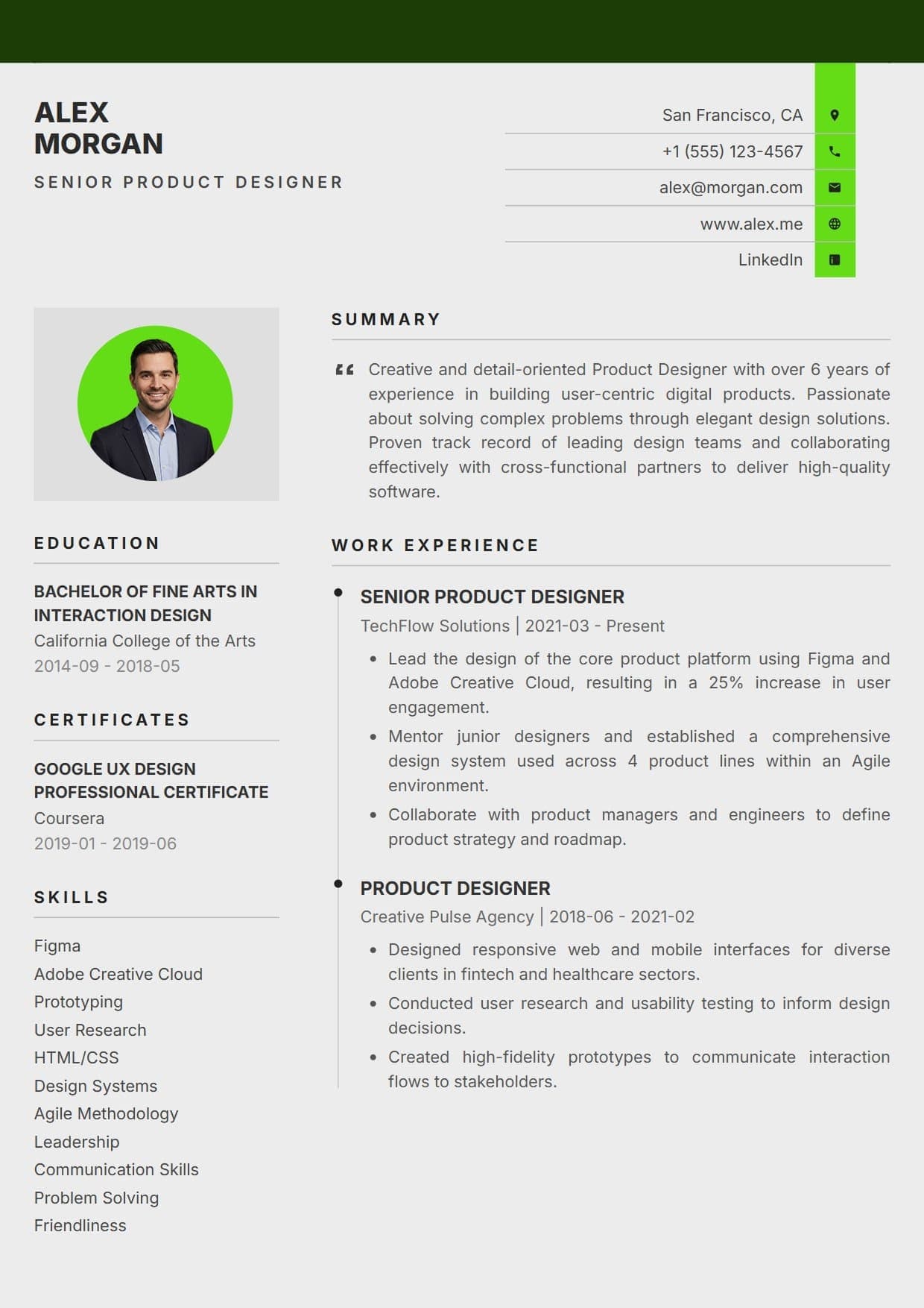 Fresh resume template — vibrant and modern ATS-friendly CV layout for Creative Direction & Design, Marketing & Advertising, Tech Startups & Innovation, Media & Entertainment