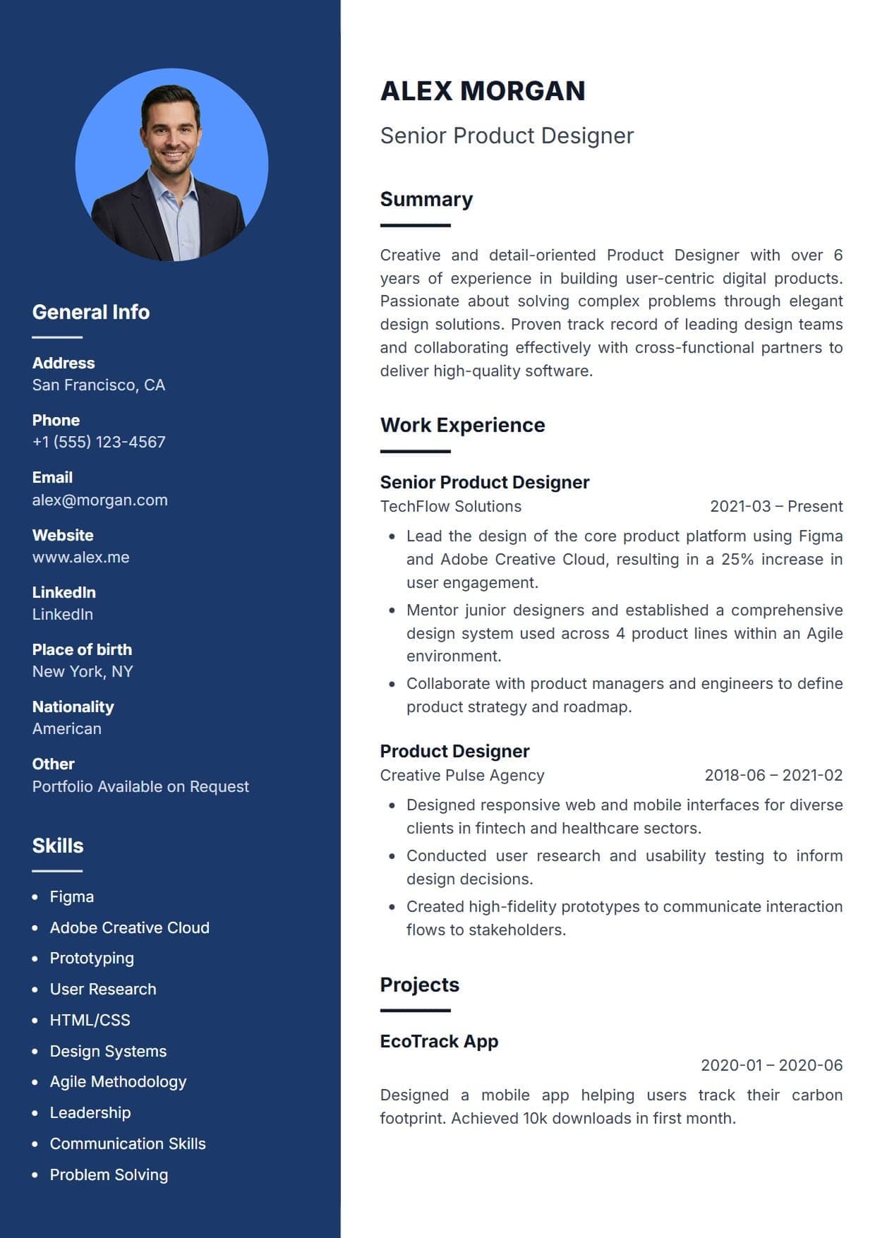 Modern resume template — modern and bold ATS-friendly CV layout for Creative Industries, Marketing & Sales, Media & Communications, Tech & Development