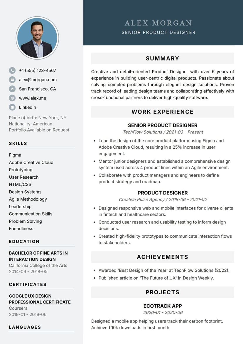 Pearl resume template — executive and polished ATS-friendly CV layout