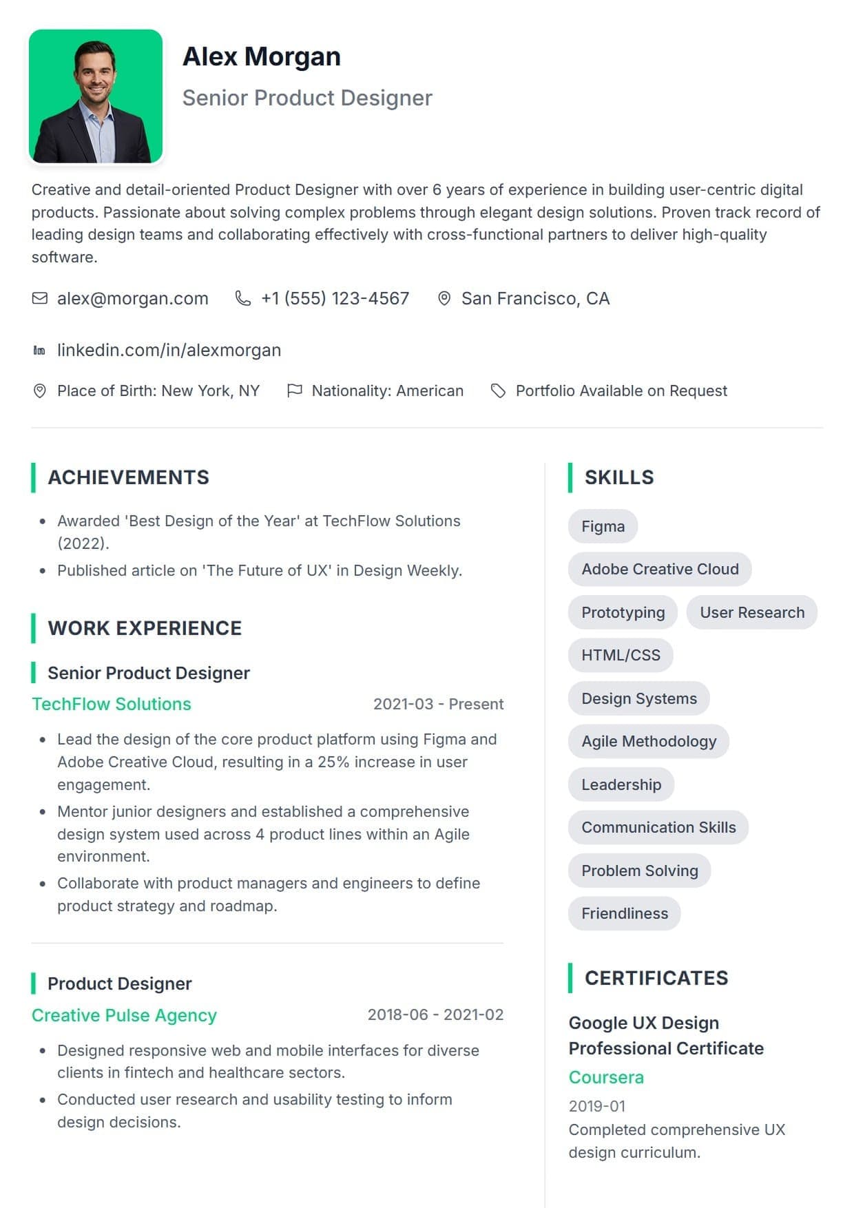 Professional resume template — professional and modern ATS-friendly CV layout for Tech & IT, Design & Creative, Marketing & PR, Business Administration