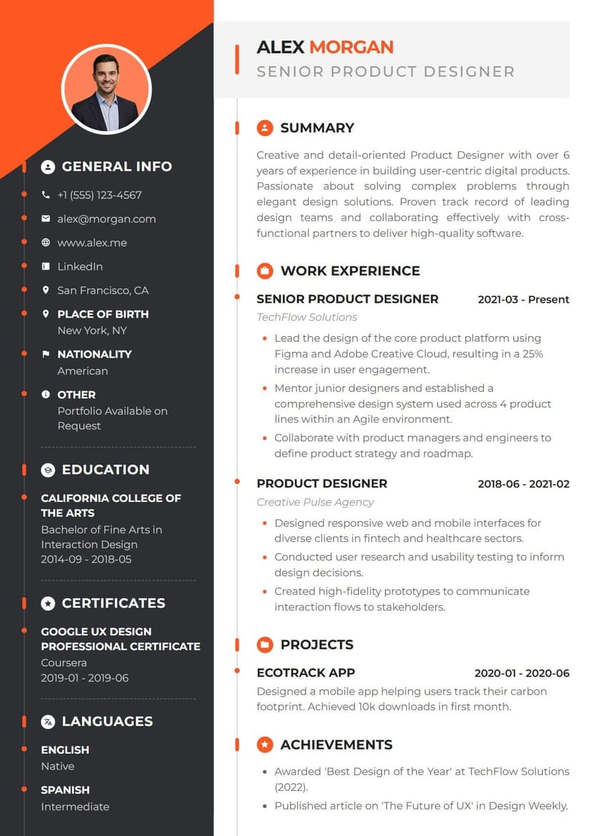 Vertex resume template — bold and creative ATS-friendly CV layout