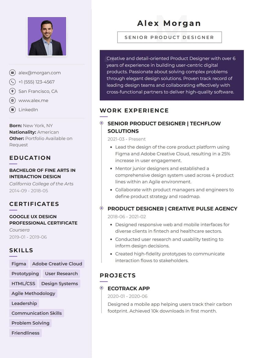 Focus resume template Focus resume template — creative and modern ATS-friendly CV layout for UI/UX Design & Graphic Arts, Marketing, Branding & PR, Content Creation & Media, Freelance Creatives