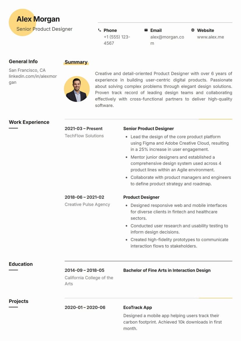 Spark resume template Spark resume template — innovative and modern ATS-friendly CV layout for UX/UI & Product Design, Creative Tech & Engineering, Digital Marketing & Strategy, Forward-Thinking Innovators